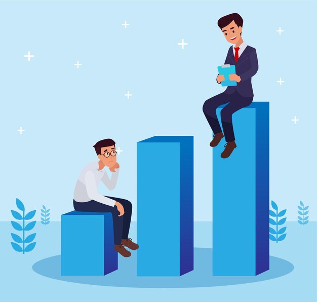 Jefe instruyendo al empleado en el lugar de trabajo. Trabajadores de oficina masculinos vestidos con ropa elegante hablando entre sí. Ilustración de vector de dibujos animados plana.