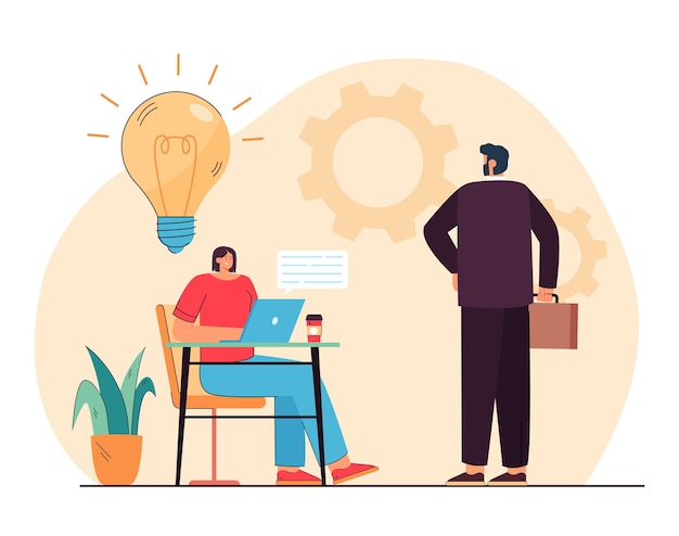 Jefe parado frente a un empleado que trabaja. Trabajador compartiendo idea con ilustración de vector plano principal. Lugar de trabajo, concepto de comunicación empresarial para banner, diseño de sitio web o página web de destino
