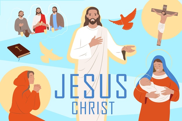 Vector gratuito jesis christ life collage plano con su madre maría y crucifixión ilustración vectorial