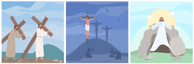 Jesucristo crucifixión resurrección camino al gólgota plano conjunto aislado vector ilustración