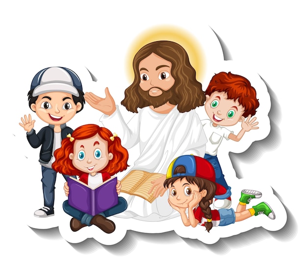 Jesucristo con la etiqueta engomada del grupo de niños sobre fondo blanco.
