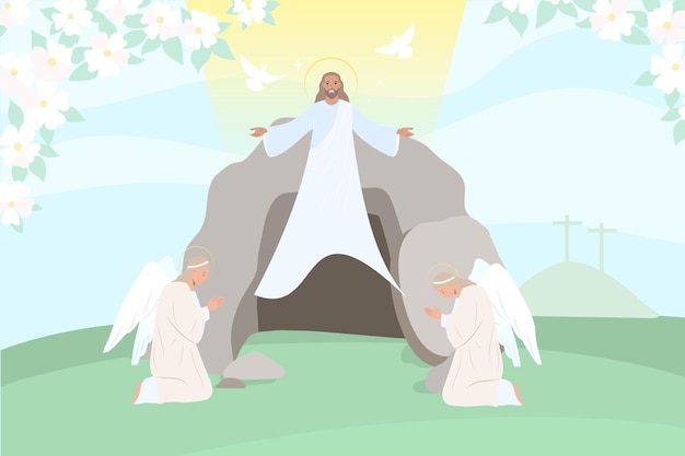 Vector gratuito jesucristo resurrección con ángulos palomas y luz divina ilustración vectorial plana