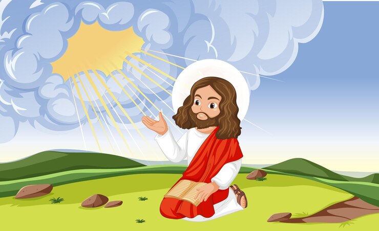 Vector gratuito jesucristo sentado en la hierba a cielo abierto
