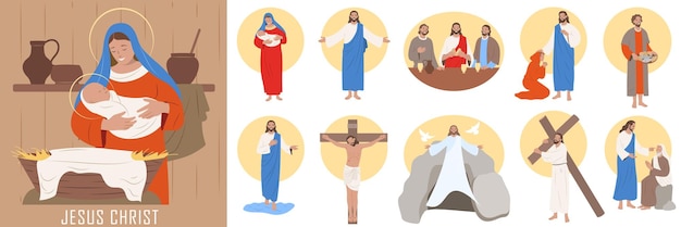 Jesucristo vida desde el nacimiento hasta la resurrección conjunto de composición plana ilustración vectorial aislada