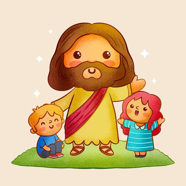 Jesús dibujado a mano con niños ilustración