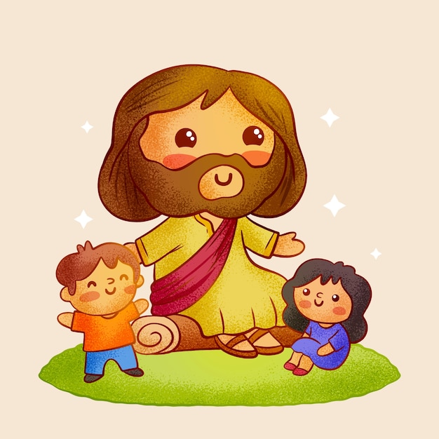 Vector gratuito jesús dibujado a mano con niños ilustración