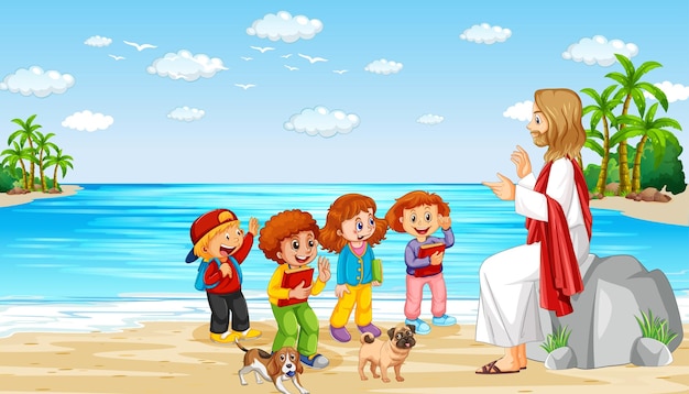 Jesús y los niños en la playa
