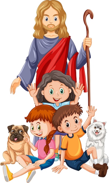 Vector gratuito jesús y los niños sobre fondo blanco.