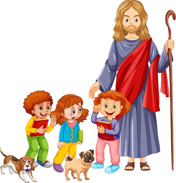 Vector gratuito jesús y los niños sobre fondo blanco.