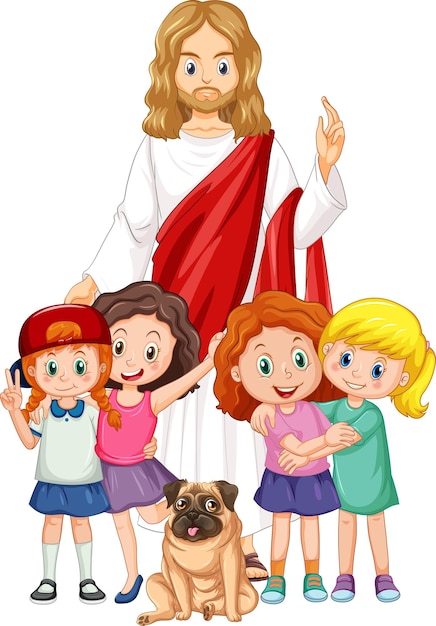 Vector gratuito jesús y los niños sobre fondo blanco.