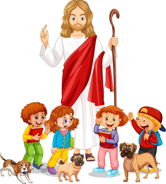 Jesús y los niños sobre fondo blanco.