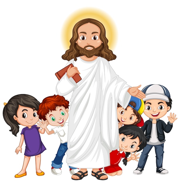 Jesús con un personaje de dibujos animados de grupo de niños