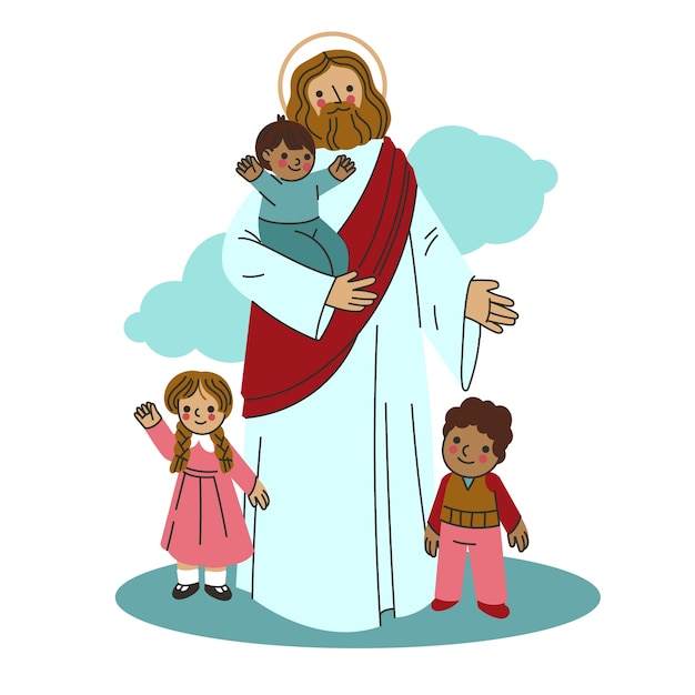 Vector gratuito jesús plano con ilustración de niños