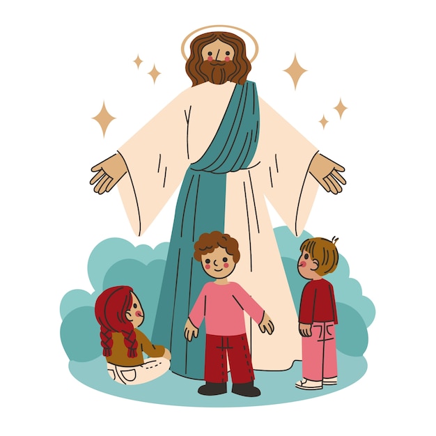 Jesús plano con ilustración de niños