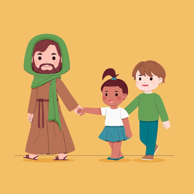Jesús plano con ilustración de niños