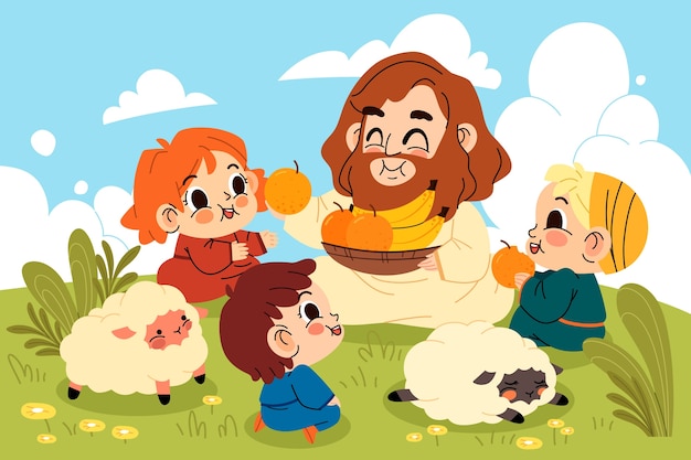 Vector gratuito jesús plano con ilustración de niños