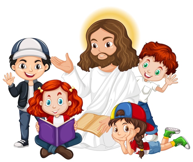 Vector gratuito jesús predicando a un personaje de dibujos animados de grupo de niños