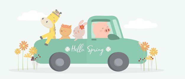 Jirafa gato conejo y cerdo en coche para viajar en primavera Viajero de animales de dibujos animados y elemento en el dibujo de acuarela para la ilustración de vector de diseñador gráfico