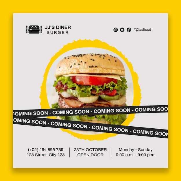 Vector gratuito jj's diner próximamente plantilla de publicación de instagram