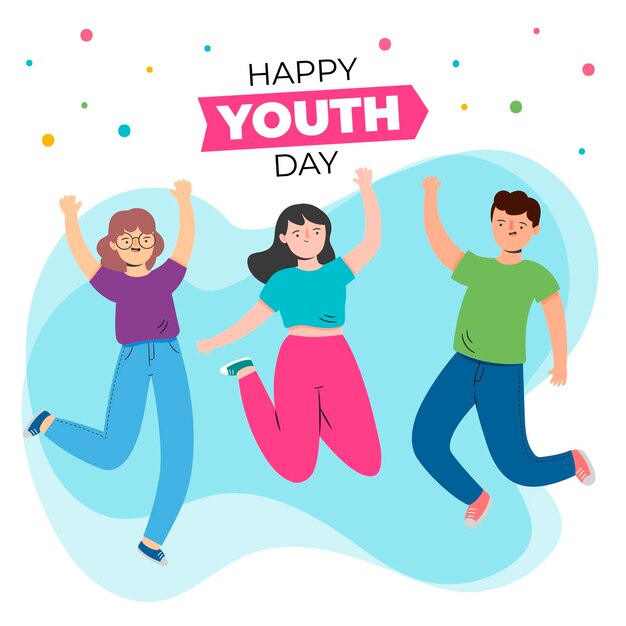 Jornada juvenil con jóvenes saltando y confeti
