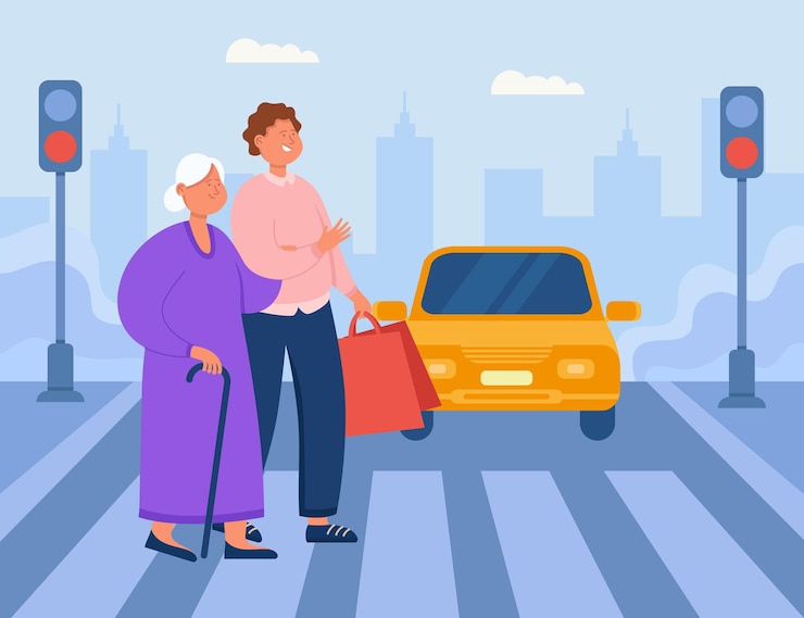 Vector gratuito joven y anciana cruzando la calle frente al auto. la vida en la gran ciudad o pueblo, la calle de cruce de personas mayores con la ayuda de la ilustración de vector plano de carácter masculino. cuidado de ancianos, concepto de tráfico