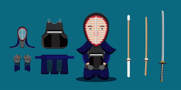 Vector gratuito joven atleta y equipo en entrenamiento de esgrima protectores de cabeza máscara de zapato de espada y uniforme protector y espada en estilo de dibujos animados para ilustración de vector de diseñador gráfico