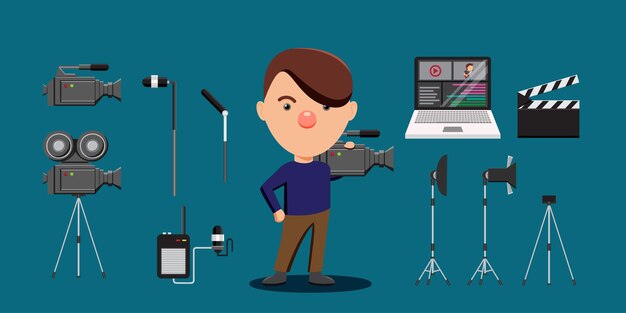 Joven camarógrafo con equipo de su cámara de trabajo micrófono inalámbrico pizarra de iluminación de estudio y computadora portátil en estilo de dibujos animados para ilustración de vector de diseñador gráfico