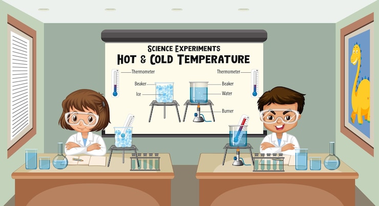 Vector gratuito joven científico explicando experimentos científicos de temperatura fría y caliente