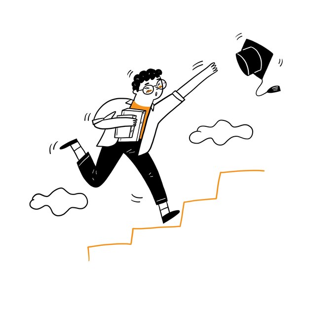 El joven corriendo hacia la escalera para agarrar la gorra de graduación, estilo de dibujos animados de ilustración vectorial garabatos