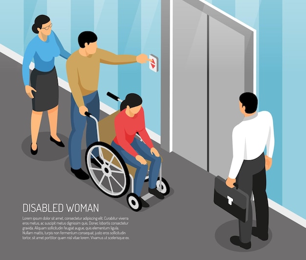 Joven discapacitada en silla de ruedas con acompañantes esperando ascensor isométrica