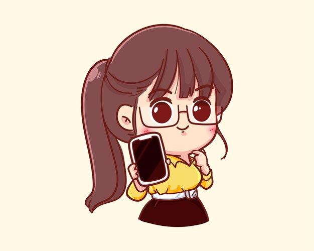Joven empresaria sosteniendo teléfono inteligente y señalando con el dedo ilustración de dibujos animados