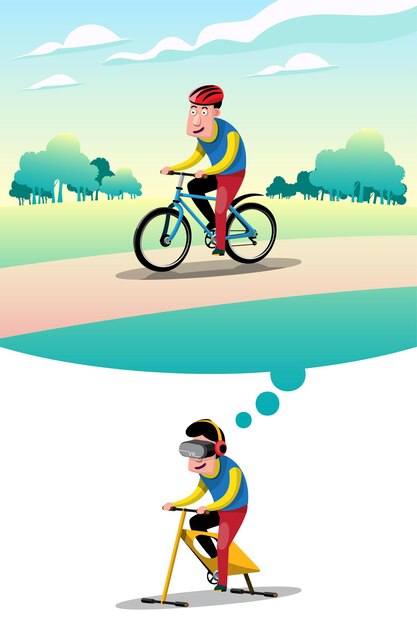 Un joven entrena con equipos de realidad virtual y sueña con convertirse en un atleta de ciclismo de clase mundial Diseño de personajes de ilustración vectorial plana
