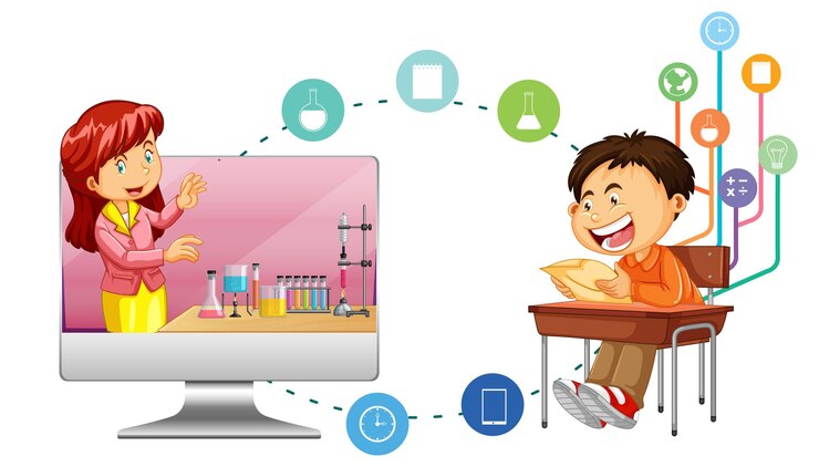 Vector gratuito joven estudiando frente a la computadora