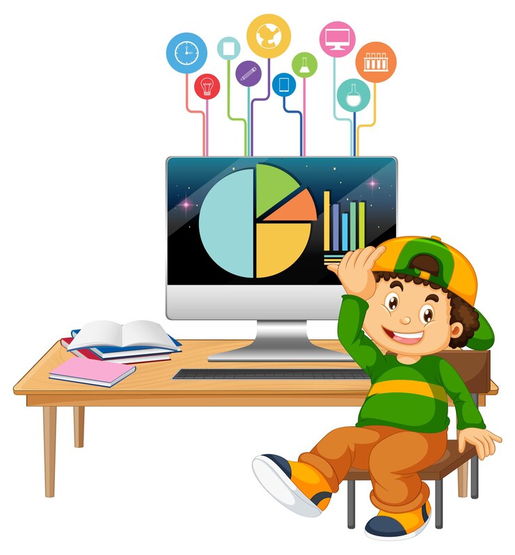 Vector gratuito joven estudiando frente a la computadora