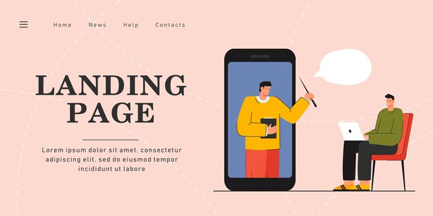 Joven estudiando en línea. Ilustración de vector plano. Un pequeño maestro en un teléfono inteligente gigante dando una lección en Internet a un joven con computadora. Educación en línea, tecnología moderna, concepto de conocimiento.