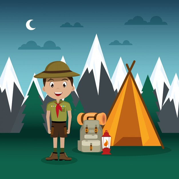 joven explorador en la escena de la zona de acampada