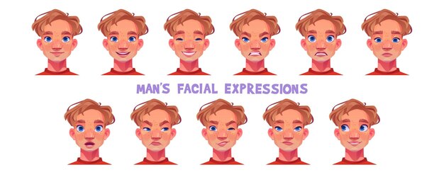 Joven, expresión facial, caricatura, vector, conjunto, hombre adulto, cara, con, diferente, emociones, retrato masculino, con, sentimiento neutral, y, risa triste, y, enojado, avergonzado, y, sorprendido, guiñar su ojo