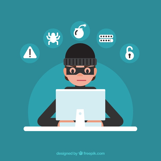 Joven hacker anónimo con diseño plano