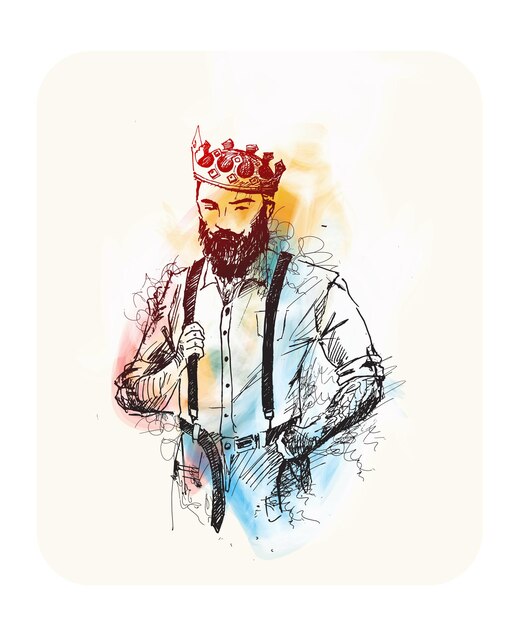 joven, hispano, rey, llevando, corona, diseño, carácter, bosquejo, vector, ilustración