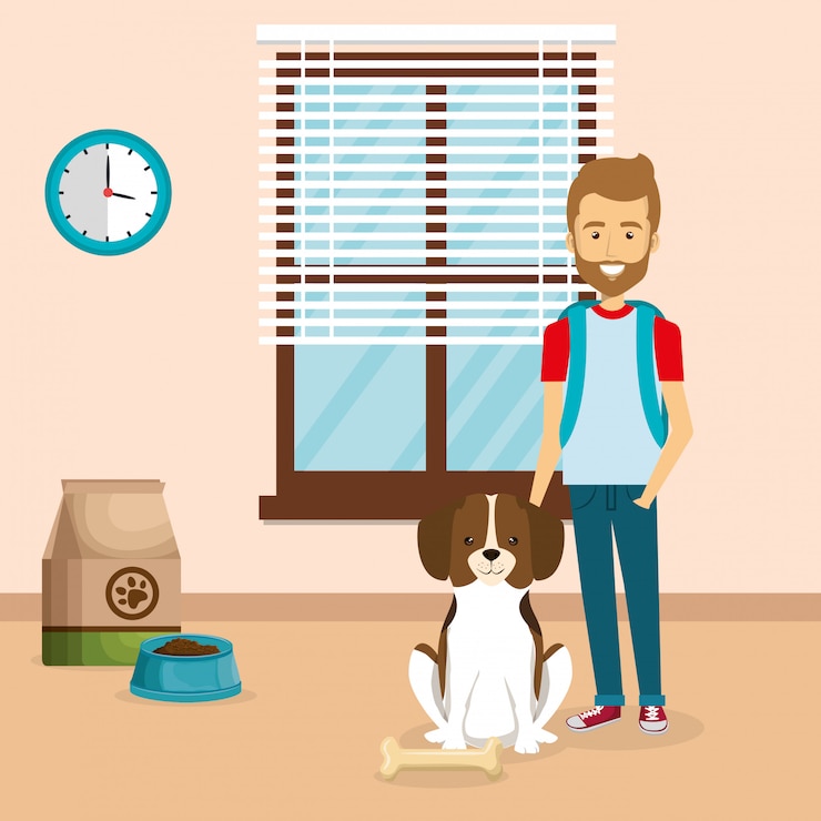 Vector gratuito joven con linda mascota en la casa