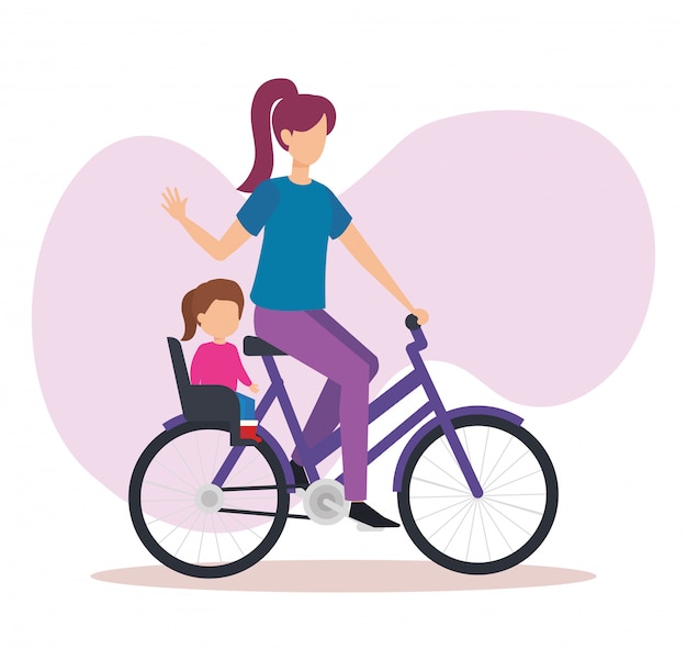 Vector gratuito joven madre en bicicleta con hija