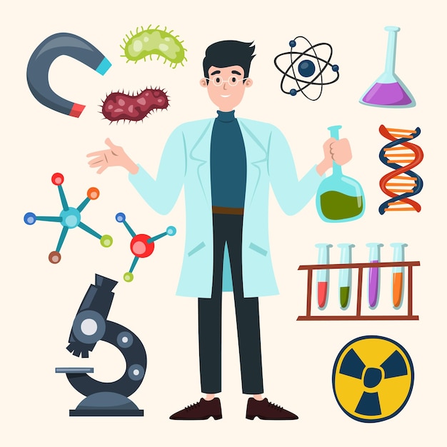 Joven médico y colección de herramientas de laboratorio químico de laboratorio