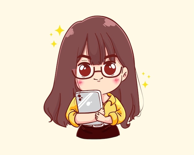 Joven mujer de negocios con una ilustración de dibujos animados en la tableta