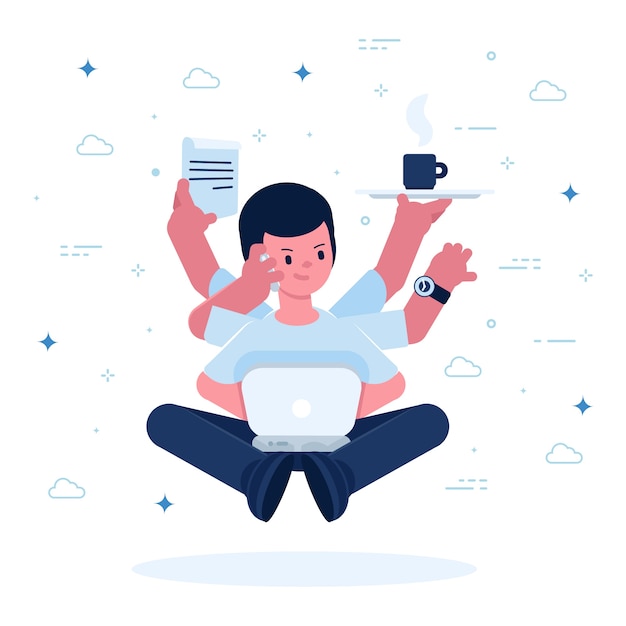 Joven multitarea ilustrada