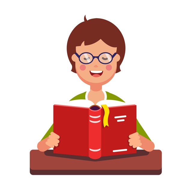 Joven, niño, estudiante, Llevando, anteojos, lectura, libro