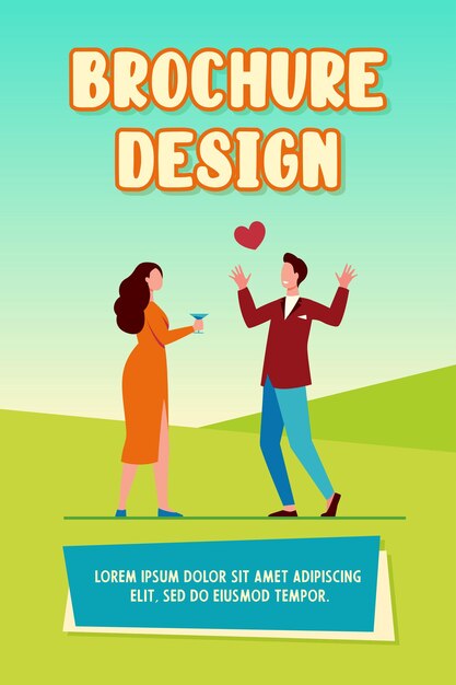Joven pareja de enamorados que data. Reunión, corazón rojo, beber alcohol. Ilustración vectorial plana
