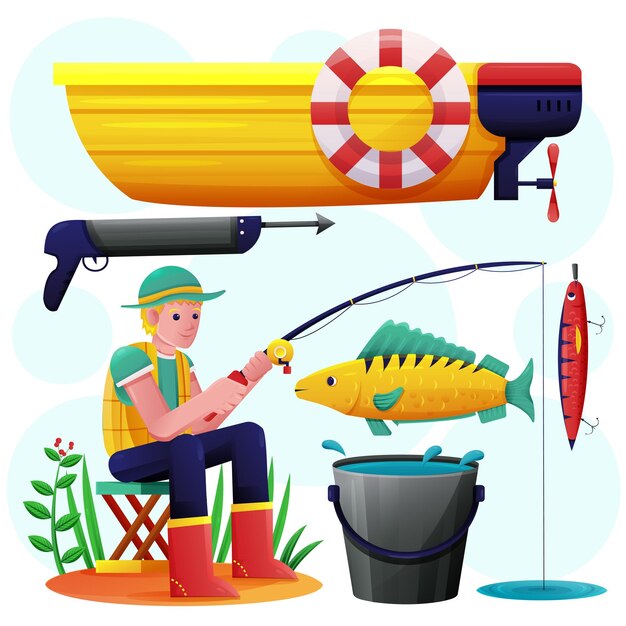 Joven pescador con vector de dibujos animados de equipo de pesca