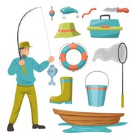 Vector gratuito joven pescador con vector de estilo de dibujos animados de equipo de pesca