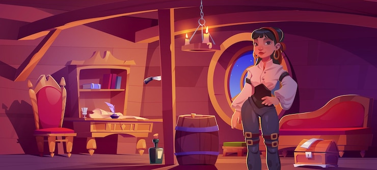 Vector gratuito una joven pirata está en la cabina de madera de un barco.
