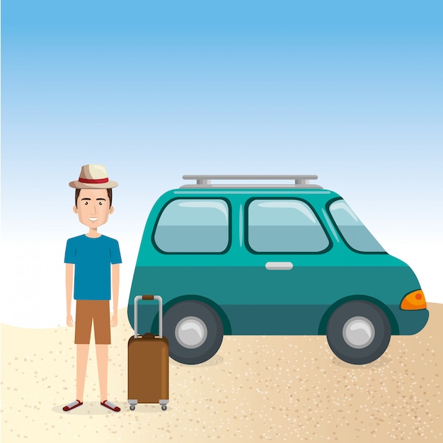 Vector gratuito joven en la playa con maleta y auto